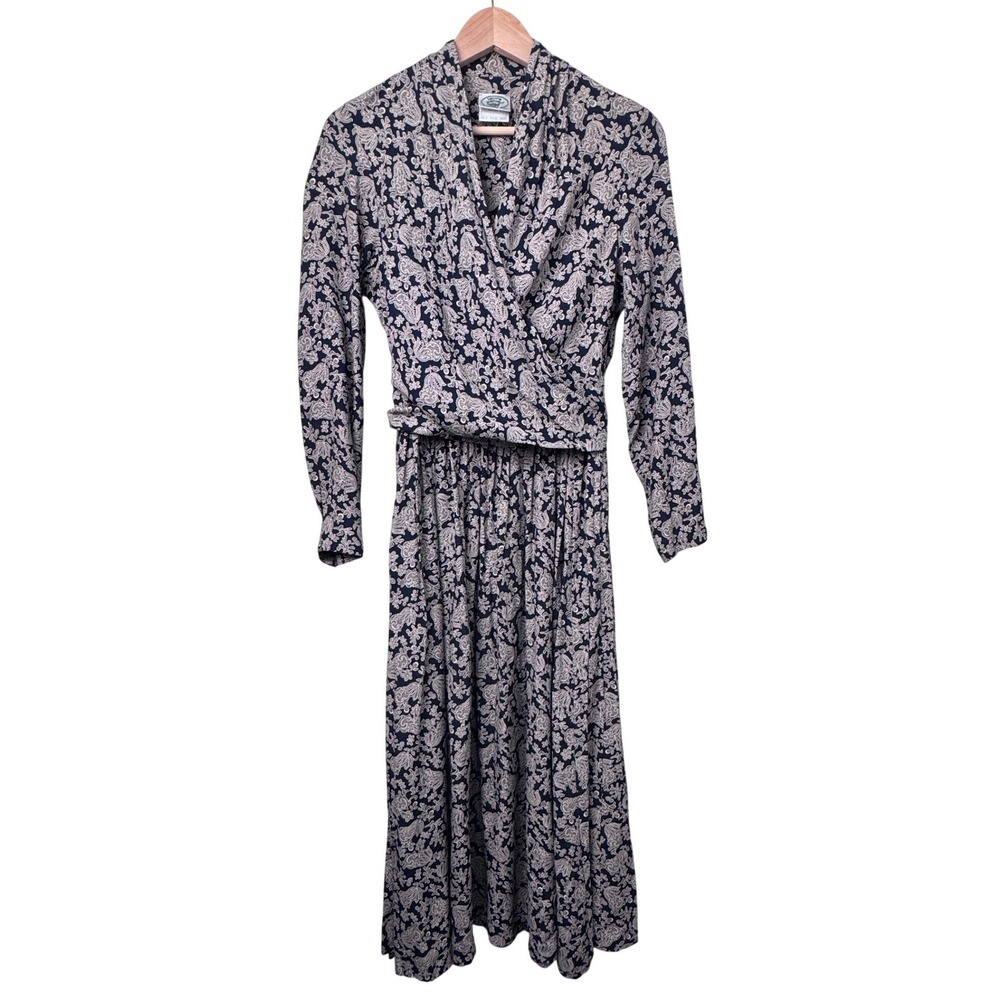 Vintage 80s Laura Ashley Navy Cream Floral Viscose Wrap Style Midi Dress Sz 8 S